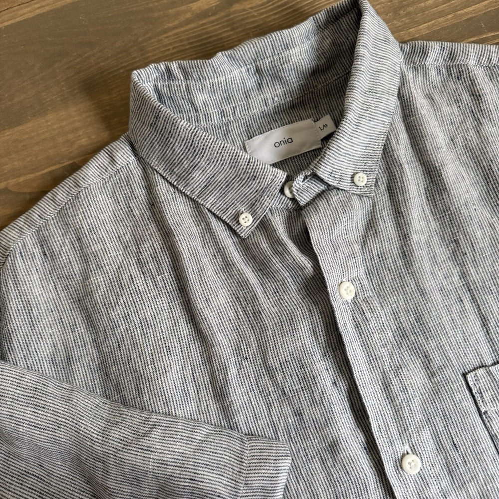 Onia Men's Large Black‎ White 100% Linen Short Sleeve Button Down Shirt
